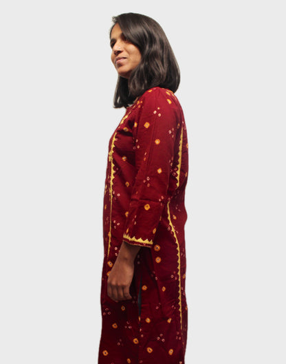 Bandhani Grace Cotton Kurta - Marron