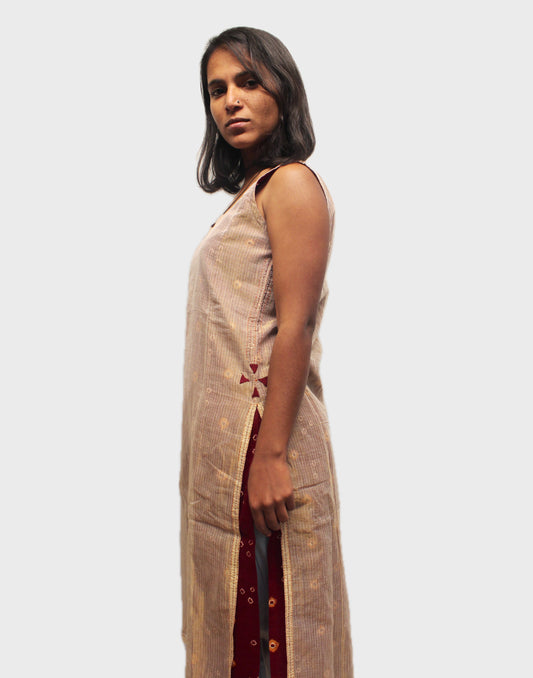 Chanderi Bandhni Silk Kurta - Marron