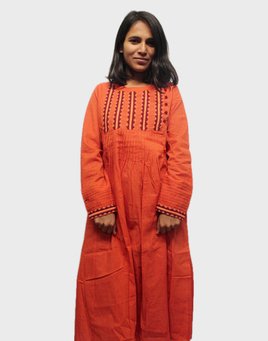 Graceful Threads Pintuck Appliqué Cotton Kurta - Orange