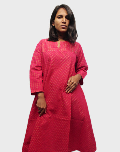 Dewdrop Dream Hand Embroidered Cotton Kurta - Hot Pink