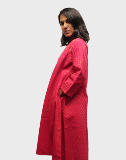 Dewdrop Dream Hand Embroidered Cotton Kurta - Hot Pink