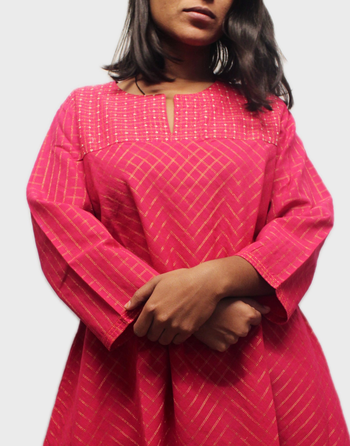 Dewdrop Dream Hand Embroidered Cotton Kurta - Hot Pink