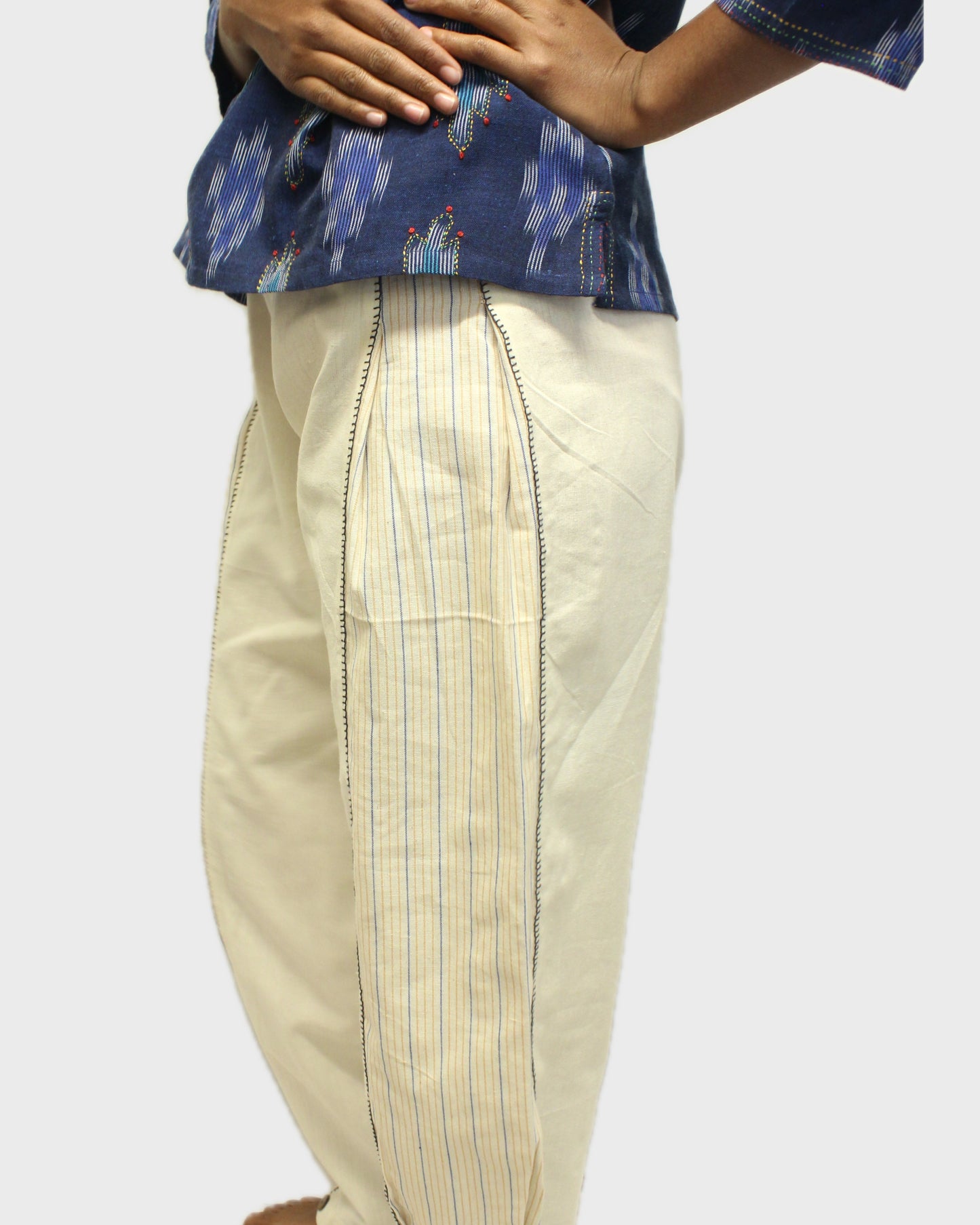 Threaded Harmony: Pleated Cotton Pants with Chain Stitch & Wooden Buttons