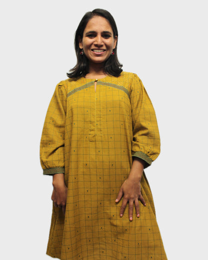 Threaded Elegance Kurti  - Mustard Olive