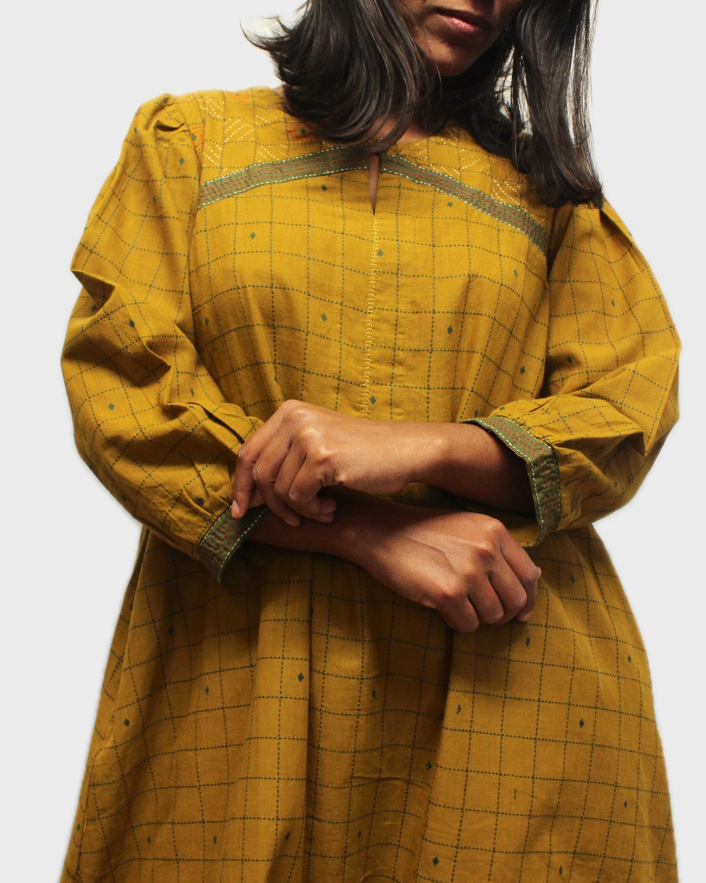 Threaded Elegance Kurti  - Mustard Olive