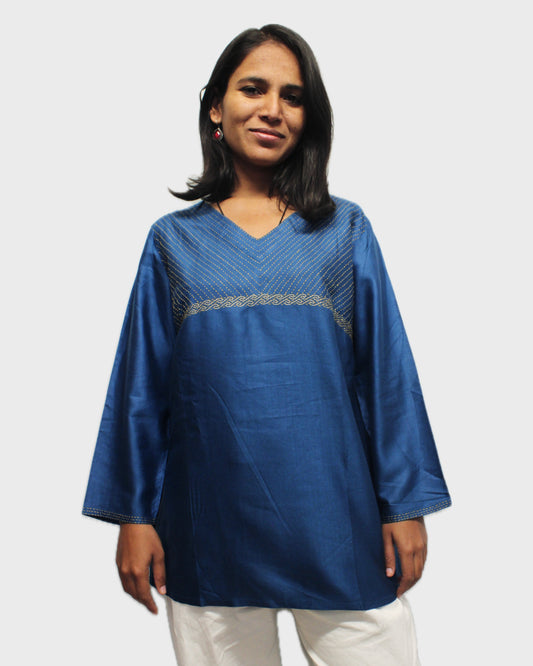 Silk Short Kurti with Tanka Embroidery