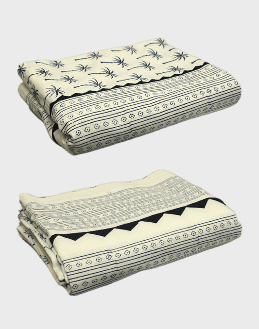 Palm Elegance Block Printed Appliqué Bedcover