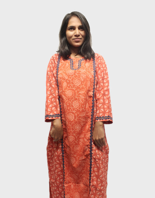 Appliqué Grace: Block-Printed Cotton Kurta - Coral Pink