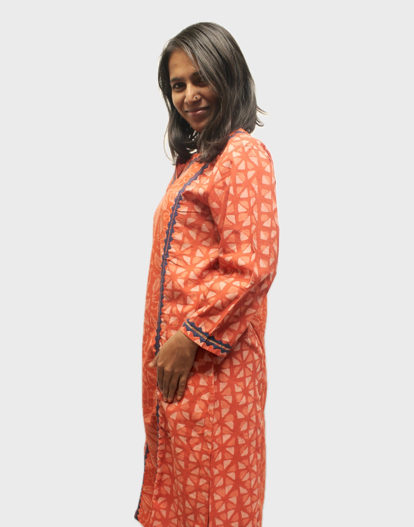 Block-Printed Cotton Kurta with Appliqué - Coral Pink