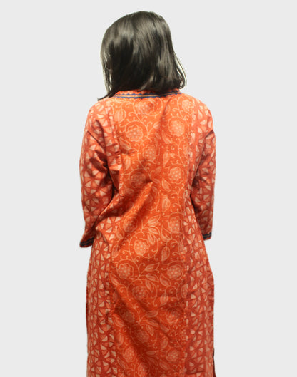 Block-Printed Cotton Kurta with Appliqué - Coral Pink