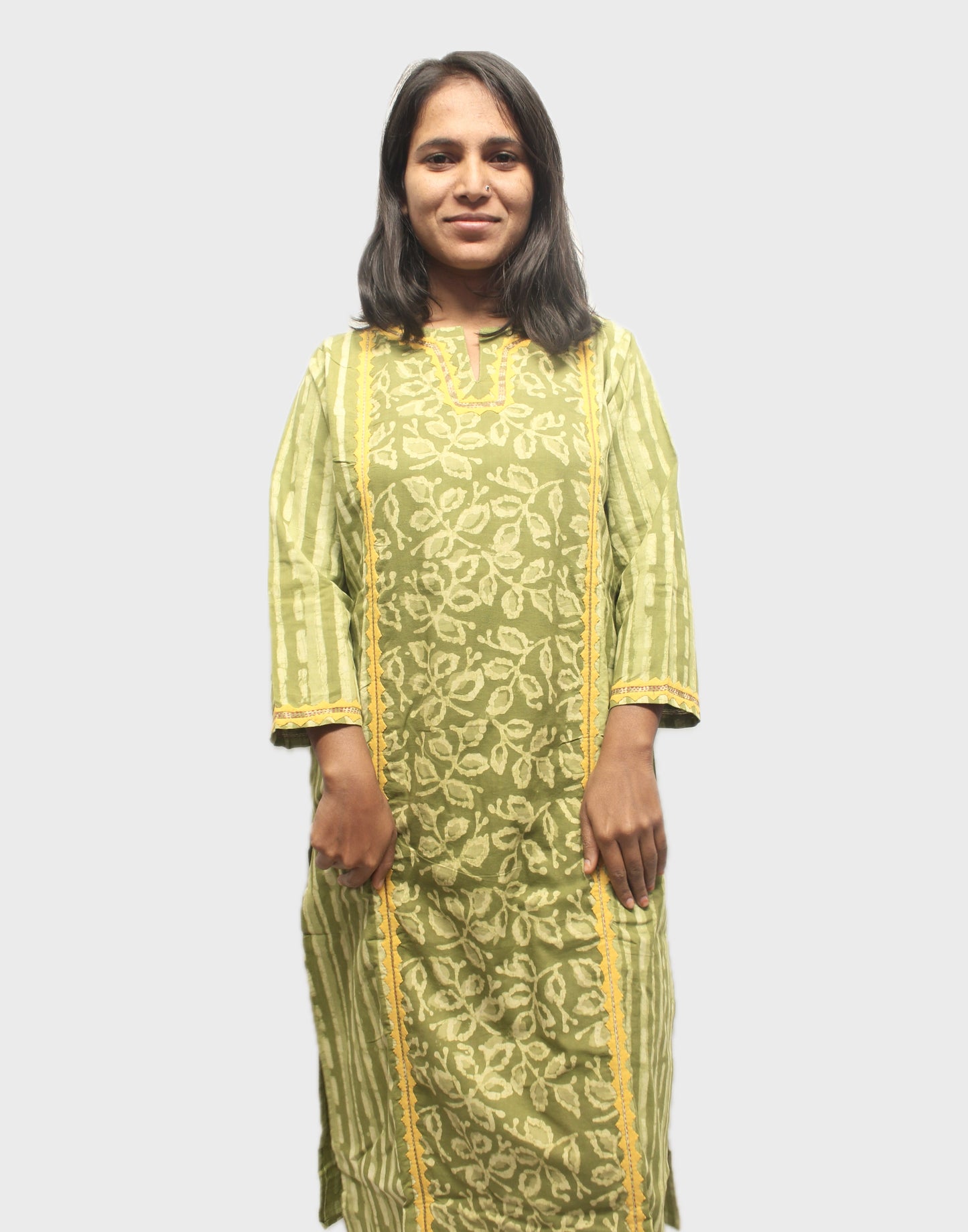 Block-Printed Cotton Kurta with Appliqué - Light Green