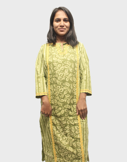 Block-Printed Cotton Kurta with Appliqué - Light Green