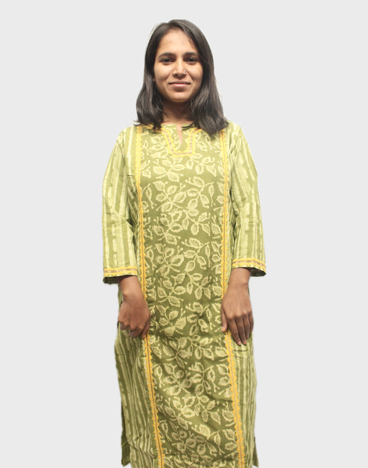 Appliqué Grace: Block-Printed Cotton Kurta - Light Green