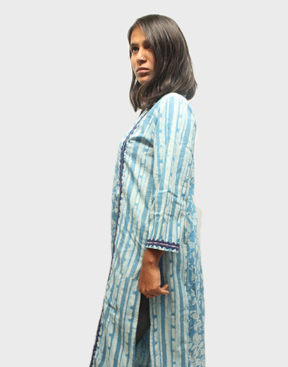 Block-Printed Cotton Kurta with Appliqué - Sky Blue