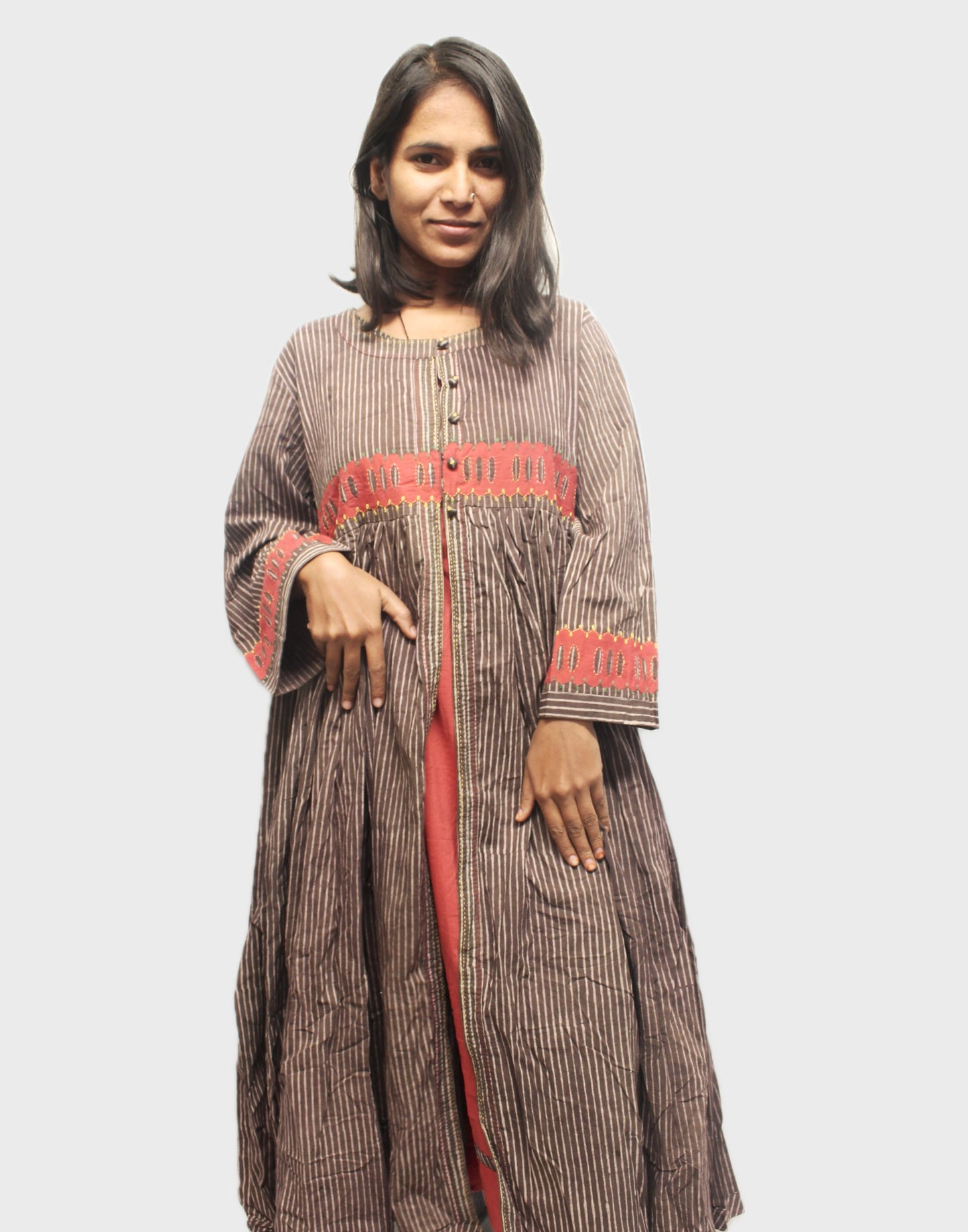 Striped Cotton Shrug With Kurta - Taupe