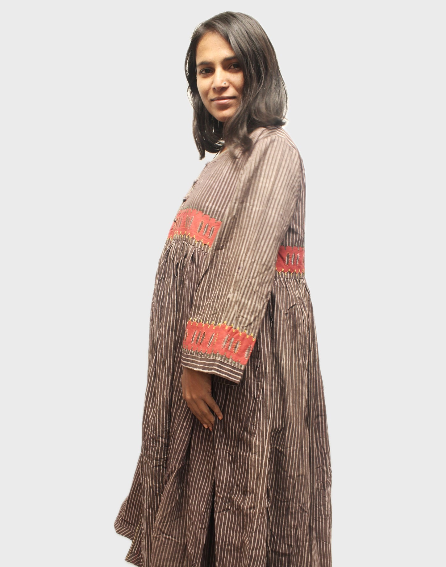 Striped Cotton Shrug With Kurta - Taupe