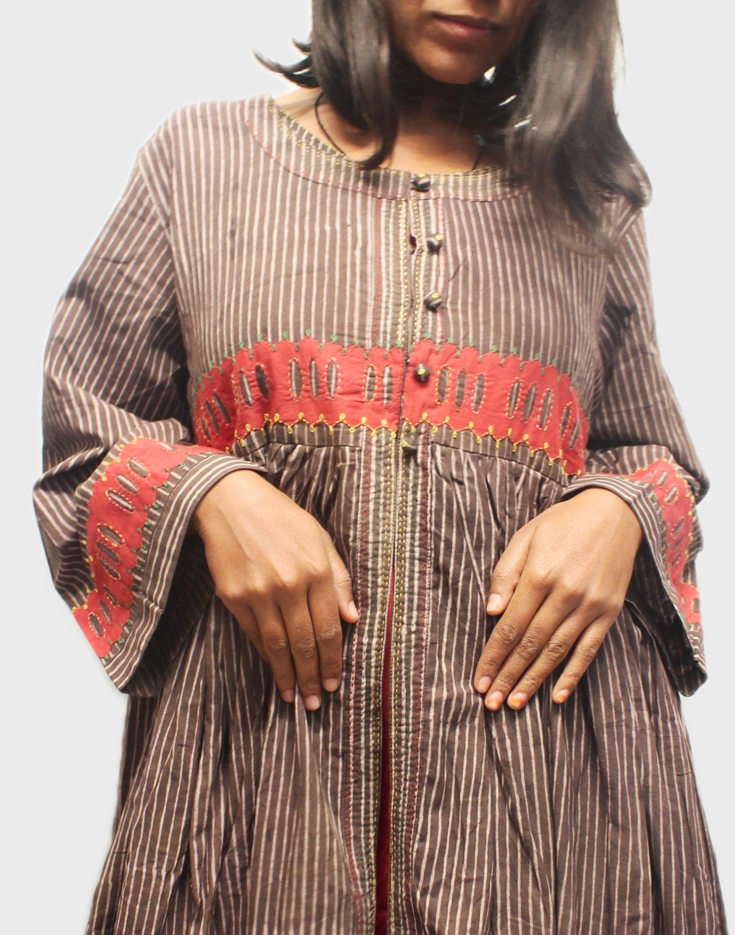 Striped Cotton Shrug With Kurta - Taupe