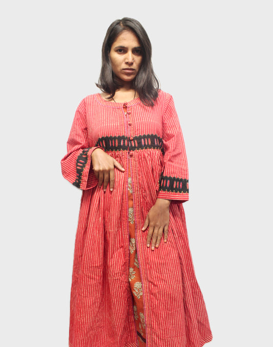 Striped Cotton Shrug With Kurta - Red