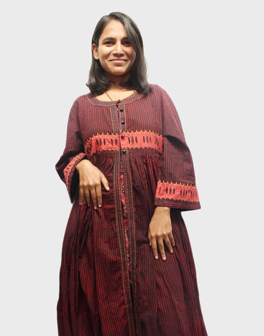 Striped Cotton Shrug With Kurta - Marron