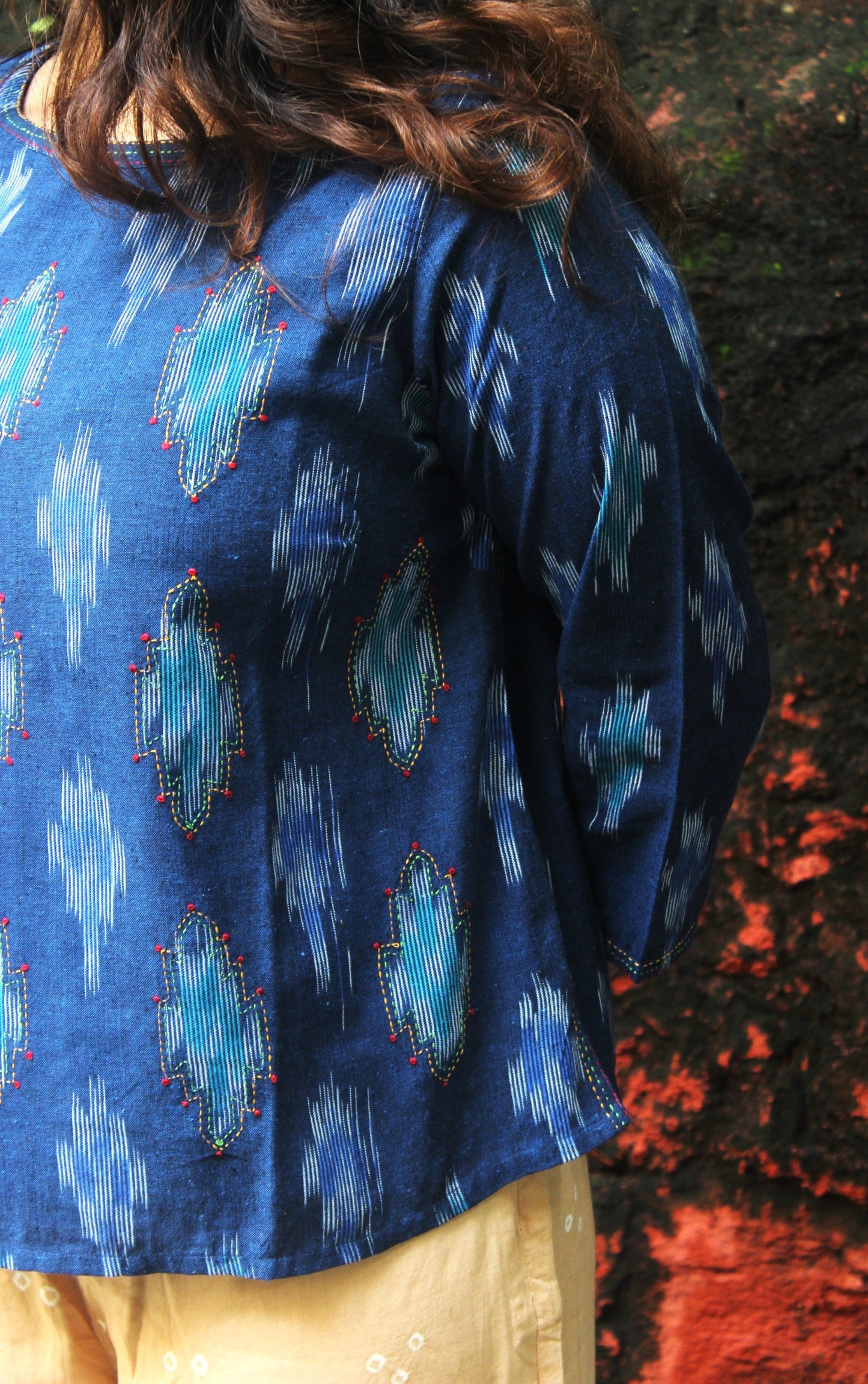 cotton Ikat hand embroidered top for women