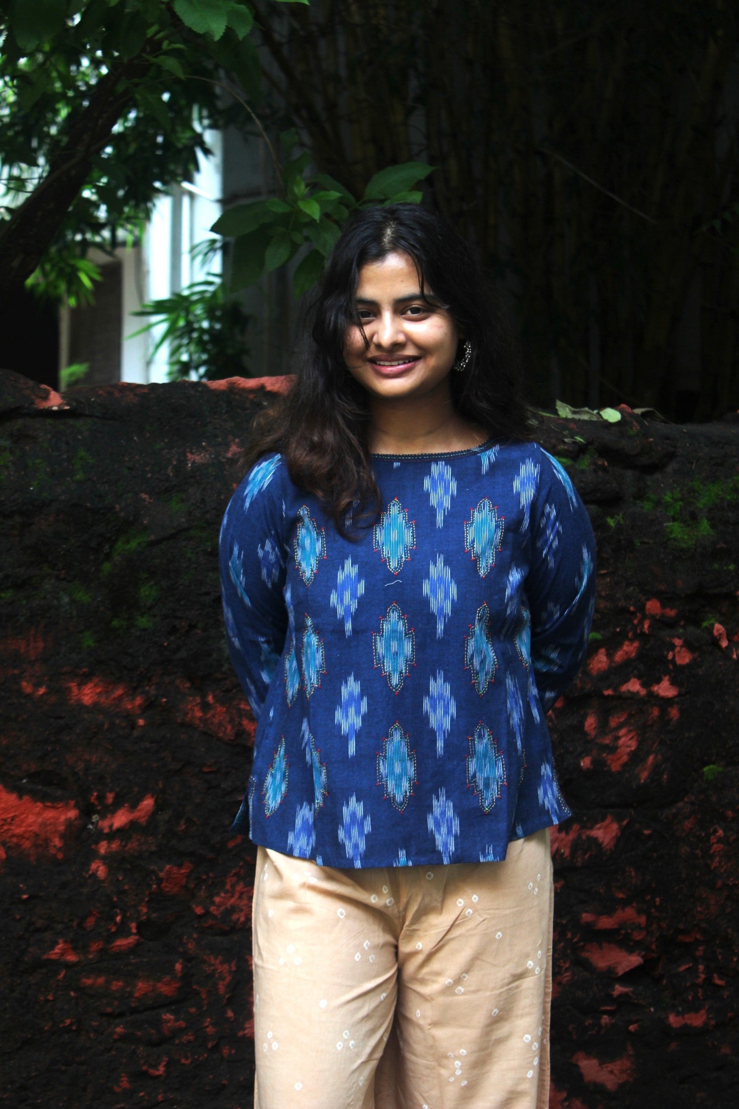 cotton Ikat hand embroidered top for women