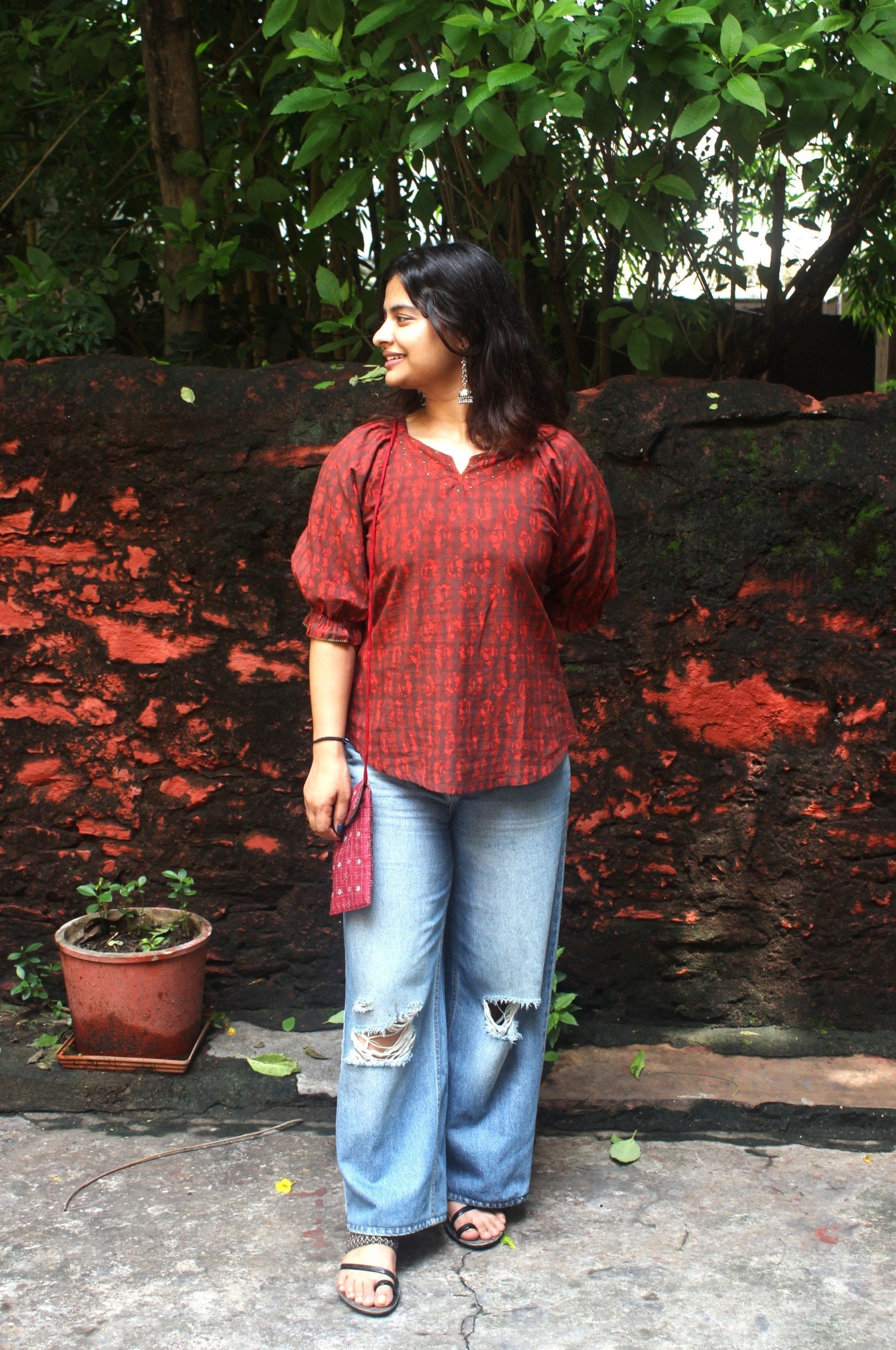 printed cotton top with hand embroidery