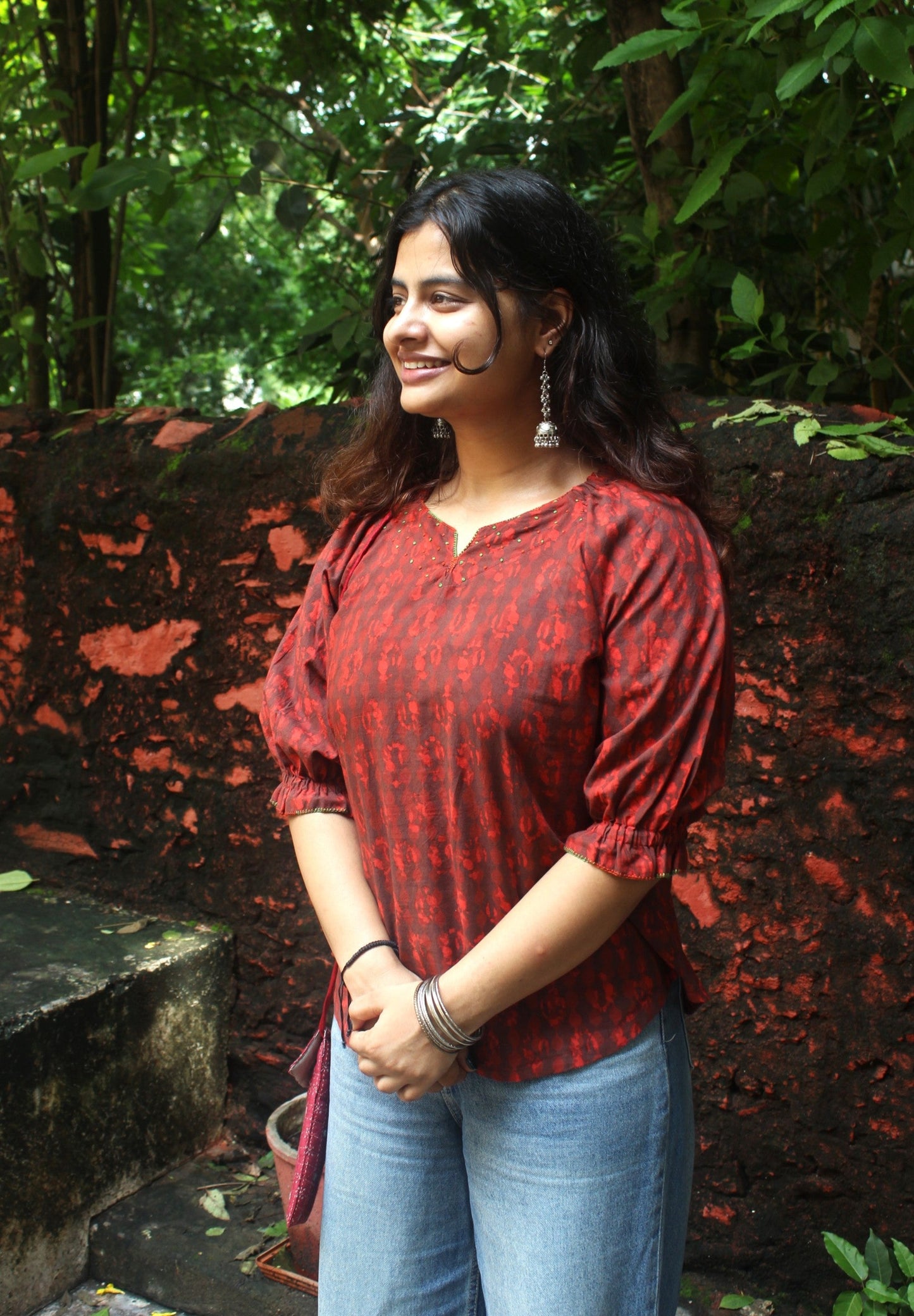 printed cotton top with hand embroidery