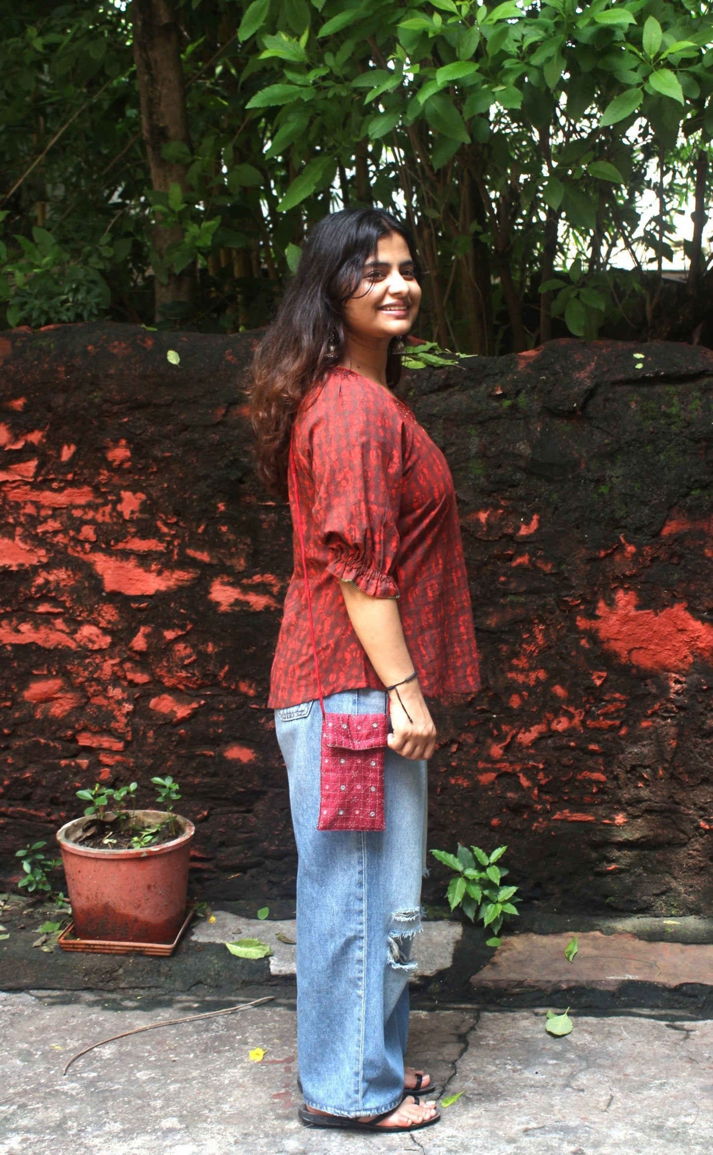 printed cotton top with hand embroidery