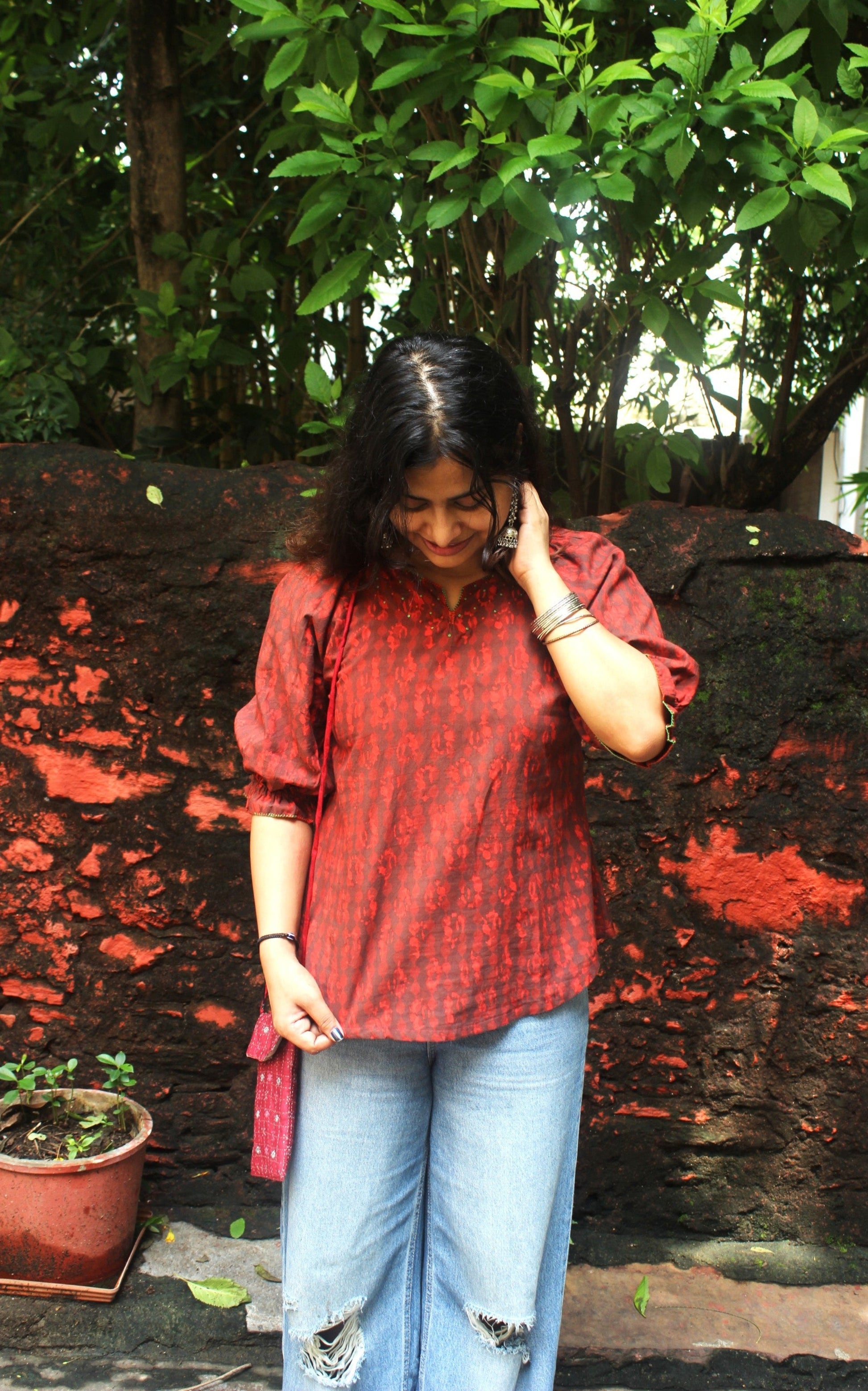 printed cotton top with hand embroidery