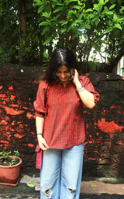 printed cotton top with hand embroidery