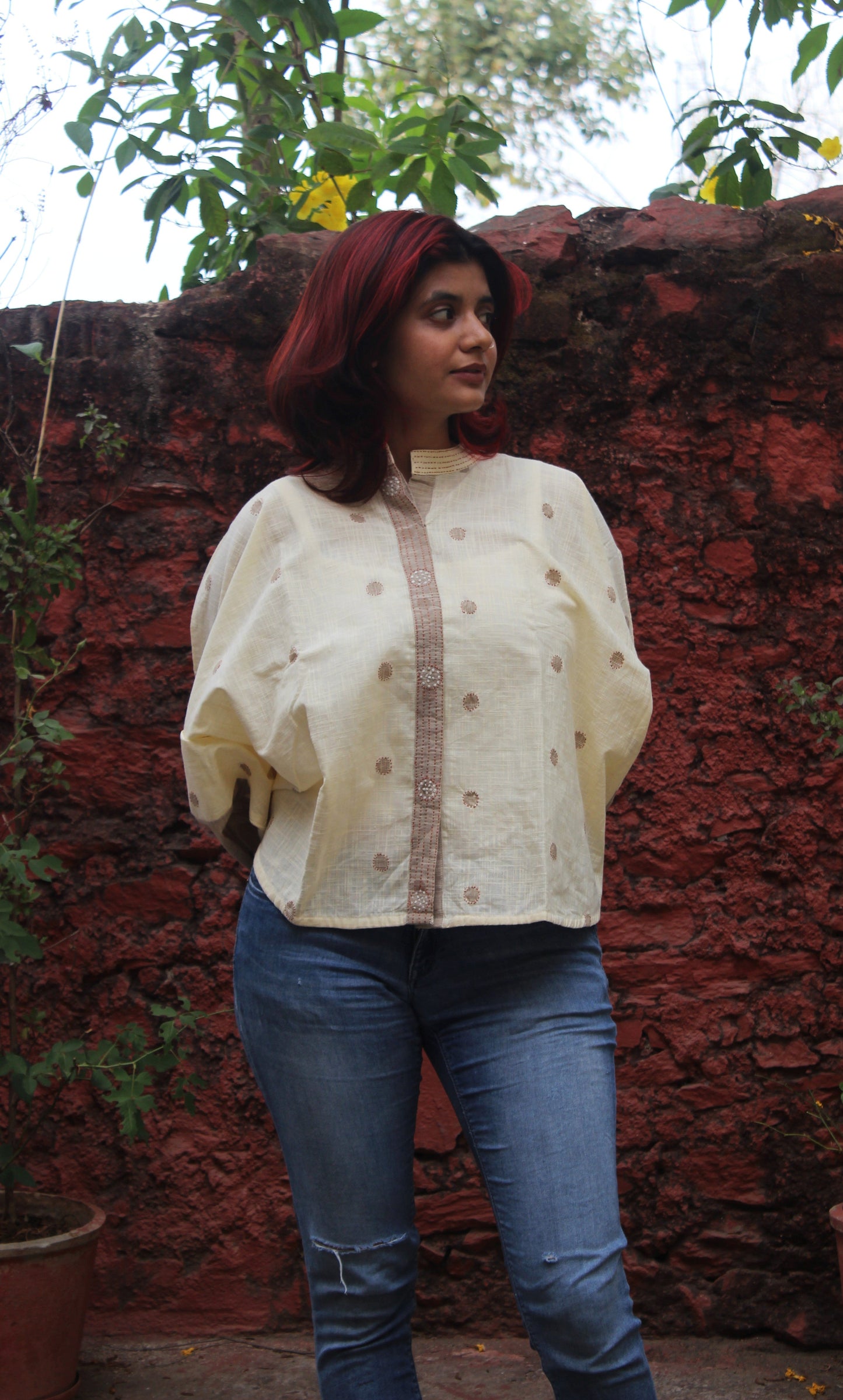 Cotton dolman sleeve top with hand embroidered circular butti motifs