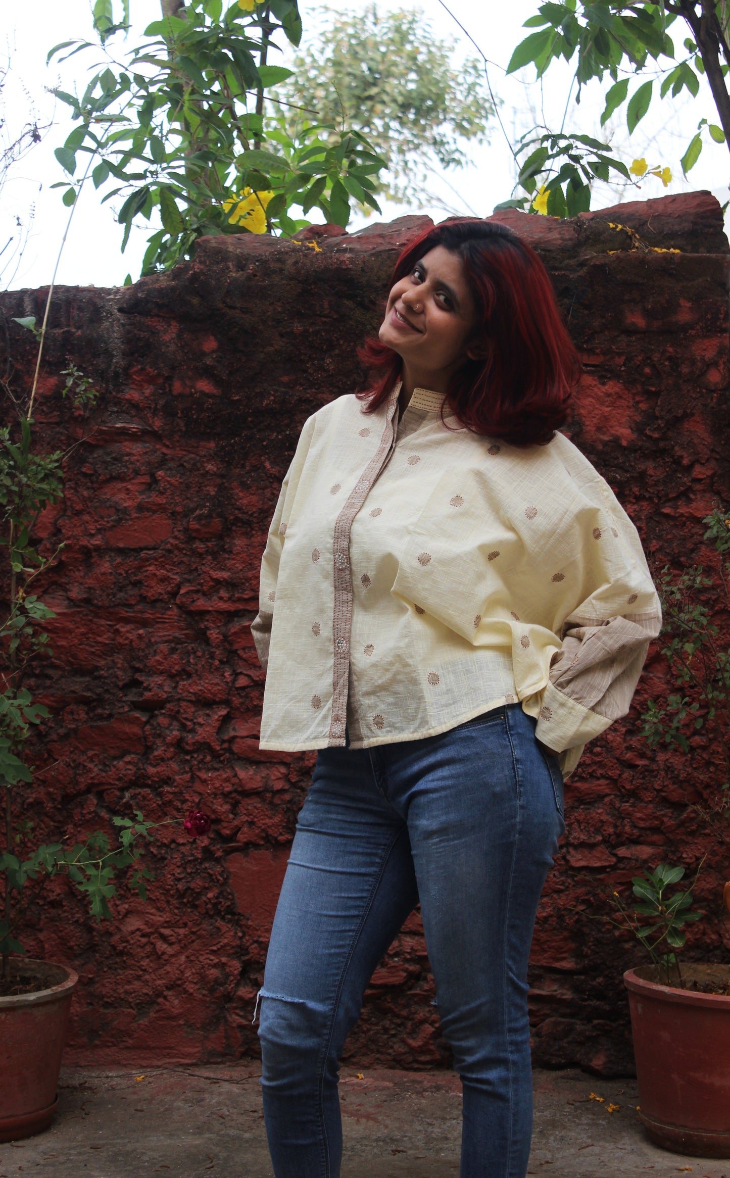 Cotton dolman sleeve top with hand embroidered circular butti motifs