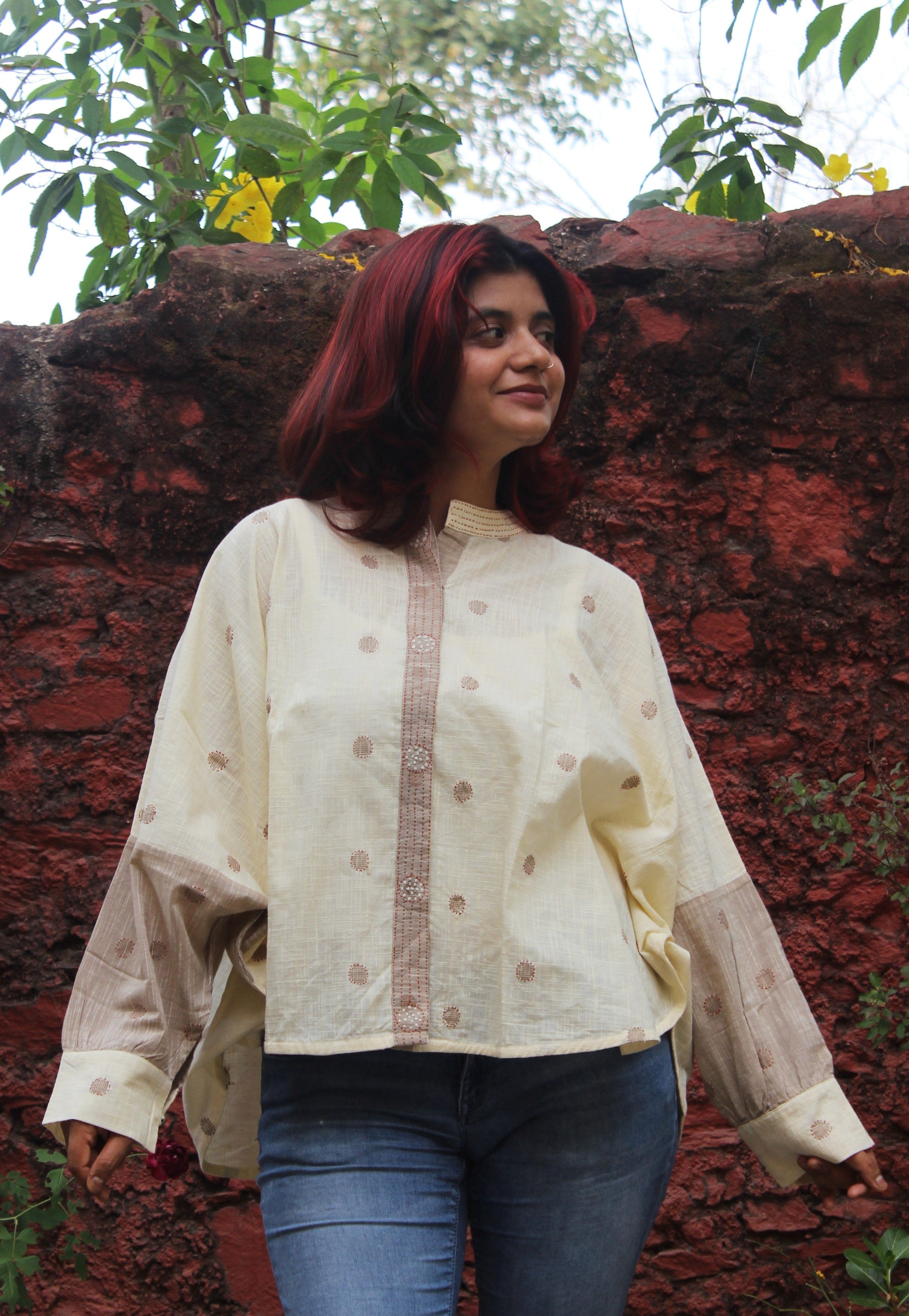 Cotton dolman sleeve top with hand embroidered circular butti motifs