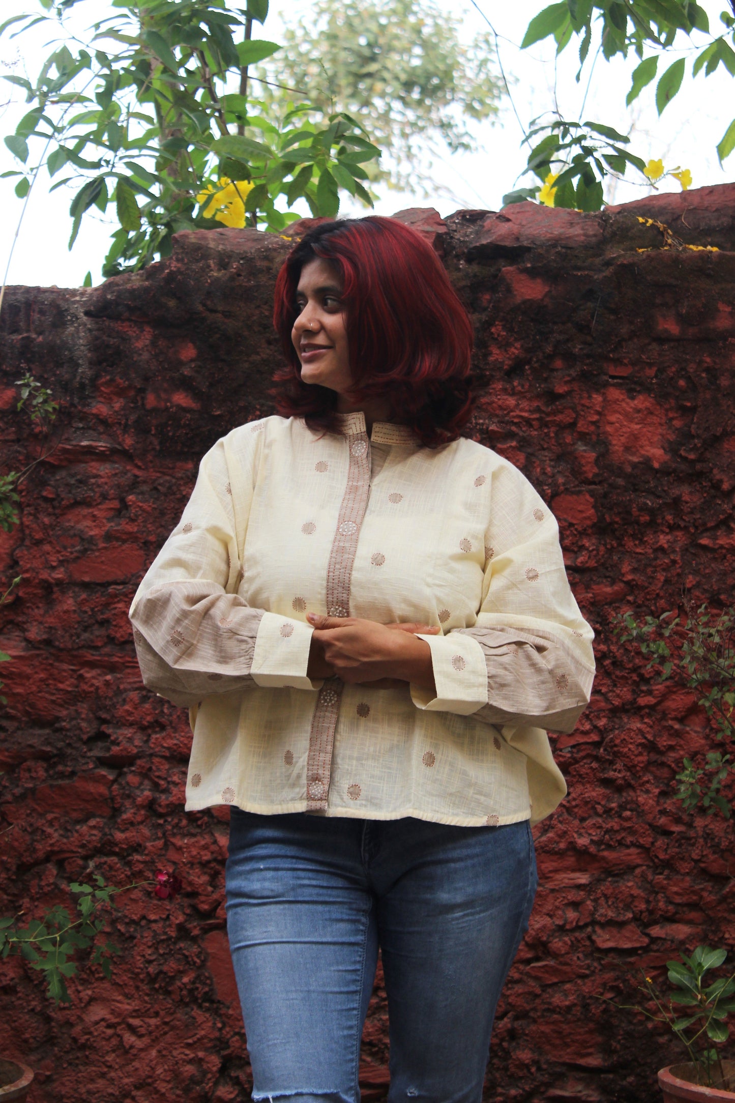 Cotton dolman sleeve top with hand embroidered circular butti motifs