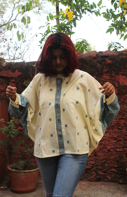Cotton dolman sleeve top with hand embroidered circular butti motifs