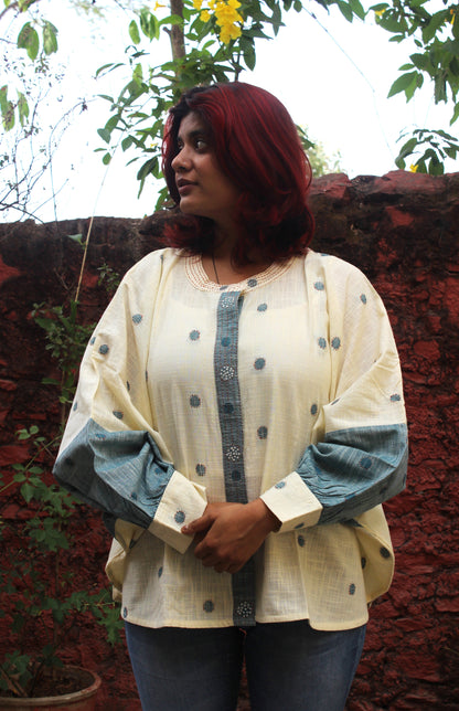 Cotton dolman sleeve top with hand embroidered circular butti motifs