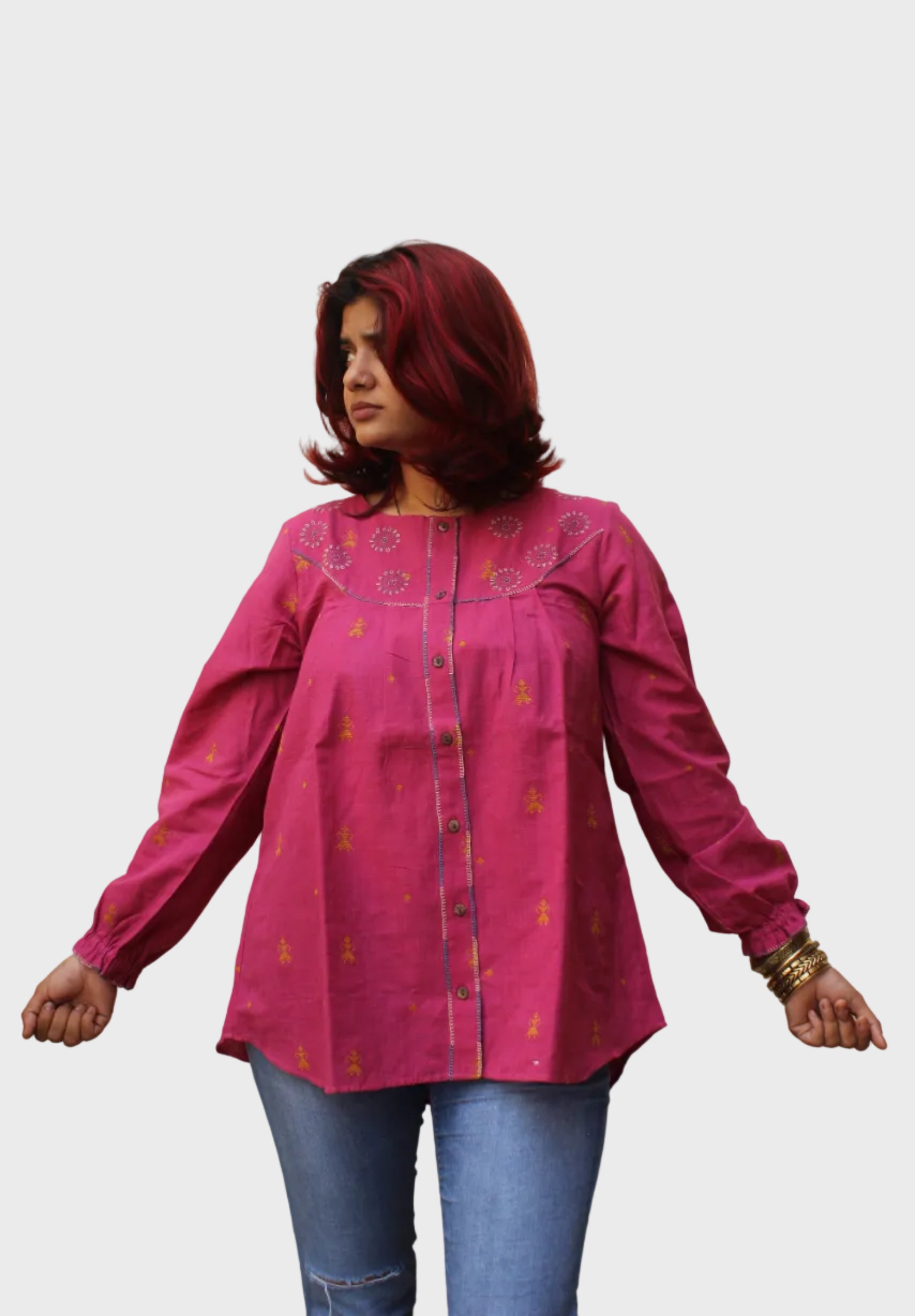 pastel pink cotton A-line top with balloon sleeves