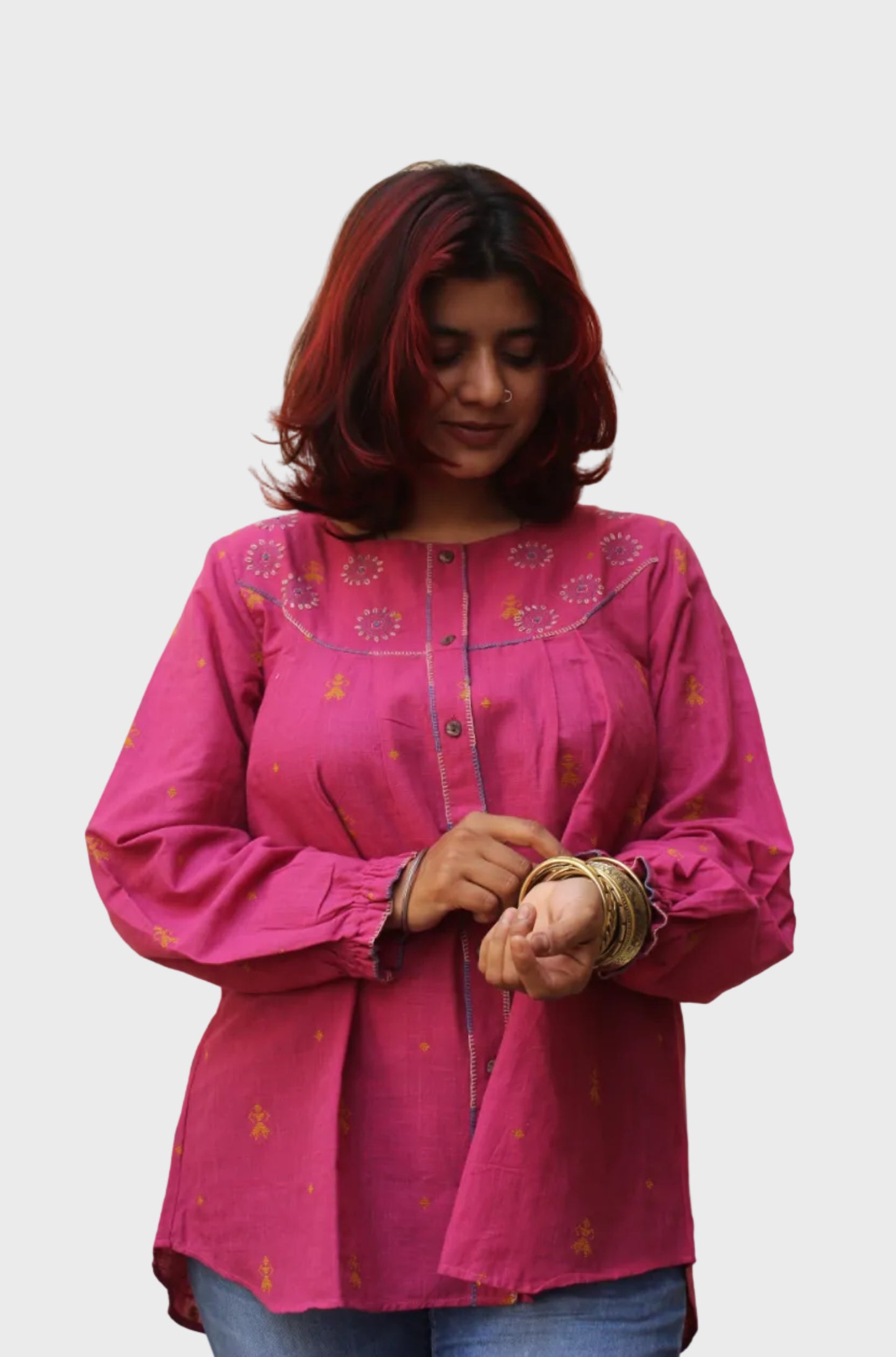 pastel pink cotton A-line top with balloon sleeves