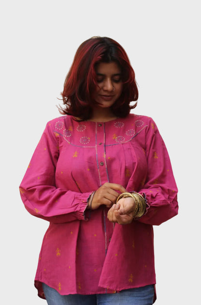 pastel pink cotton A-line top with balloon sleeves