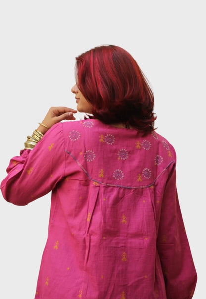 pastel pink cotton A-line top with balloon sleeves
