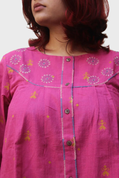 pastel pink cotton A-line top with balloon sleeves