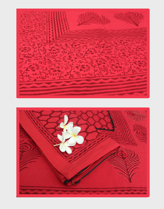 Crimson Charm Block Printed Appliqué Bedsheet