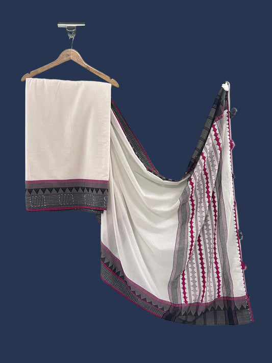 White saree with black and red border on a hanger against a light gray background