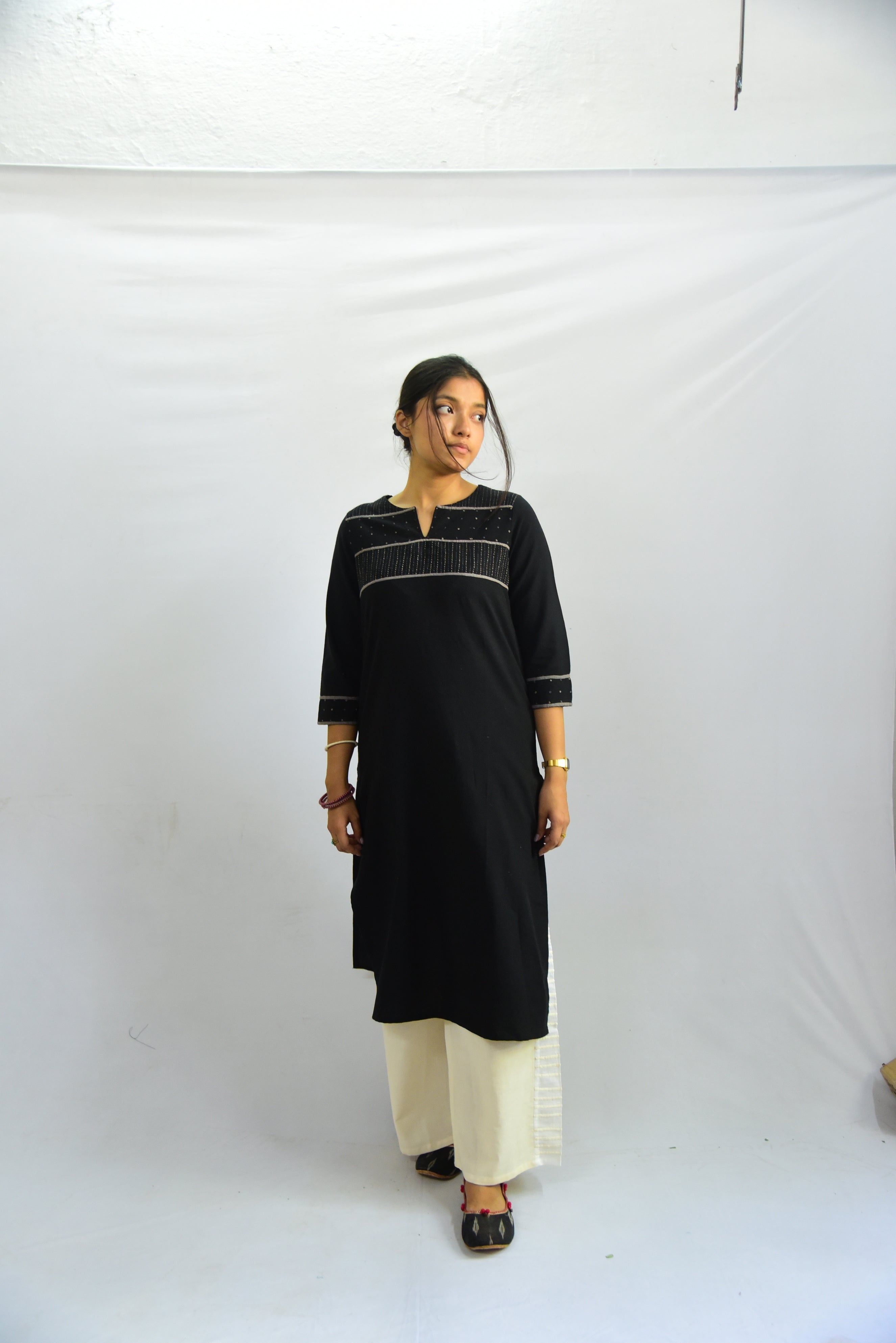 Sadhna 'Aagunch' Black Applique and Tanka Work Long Cotton Kurta VKUCOKT21-86