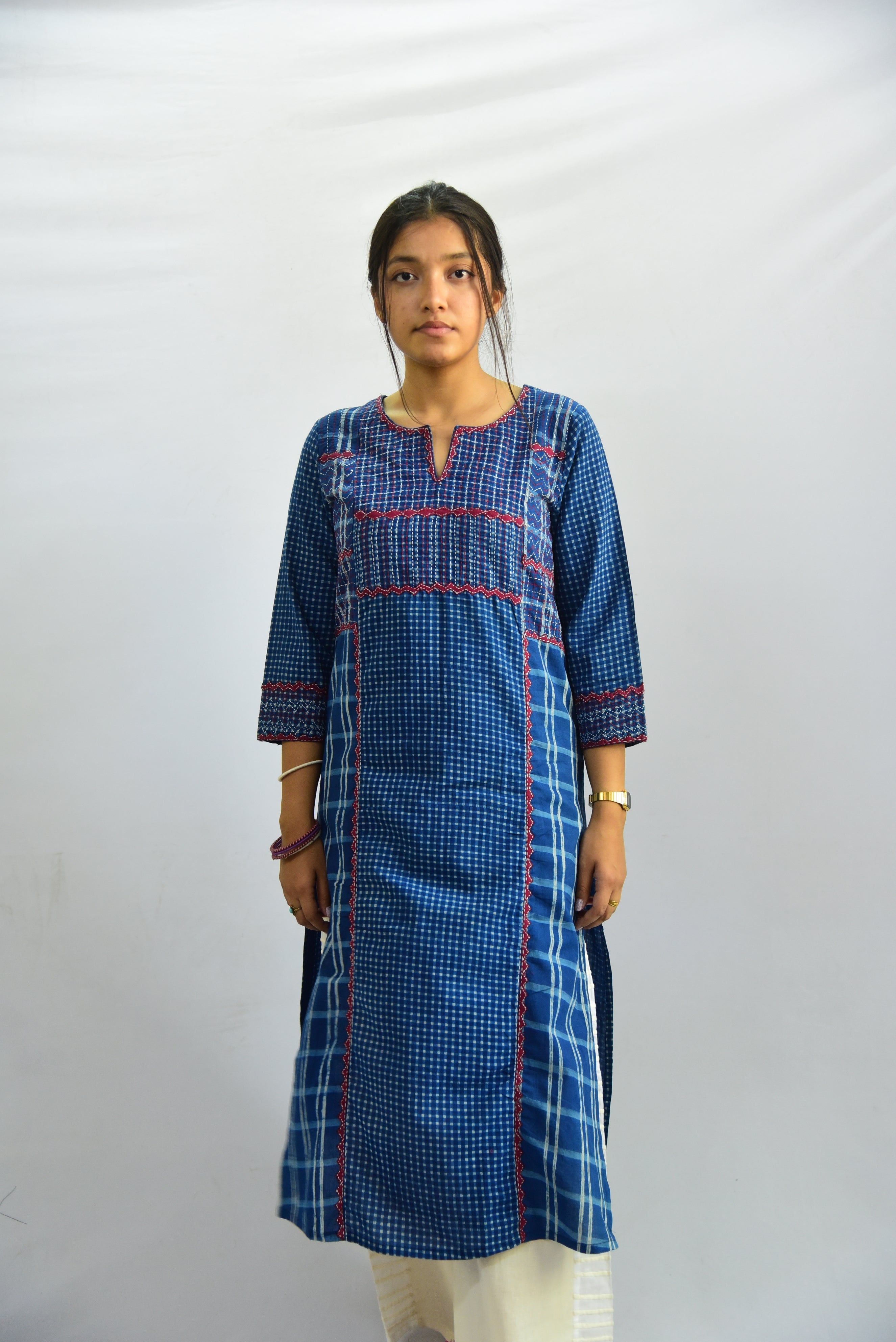 Sadhna ' Aabh' Blue - Tanka and Applique Work Long Cotton Kurta VKUCOKA21-33