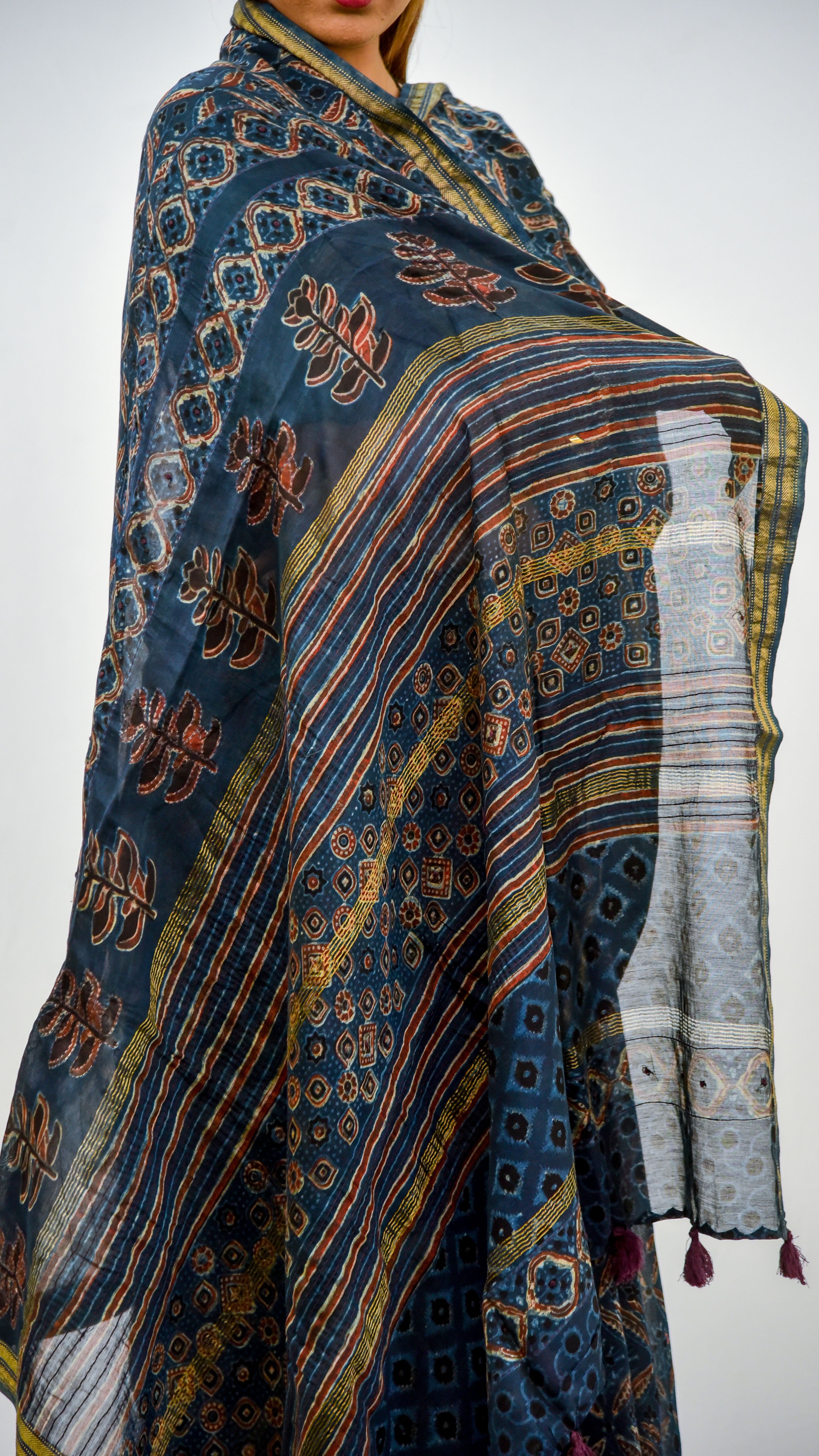 Tanka Embroidery Saree With Ajrak Print