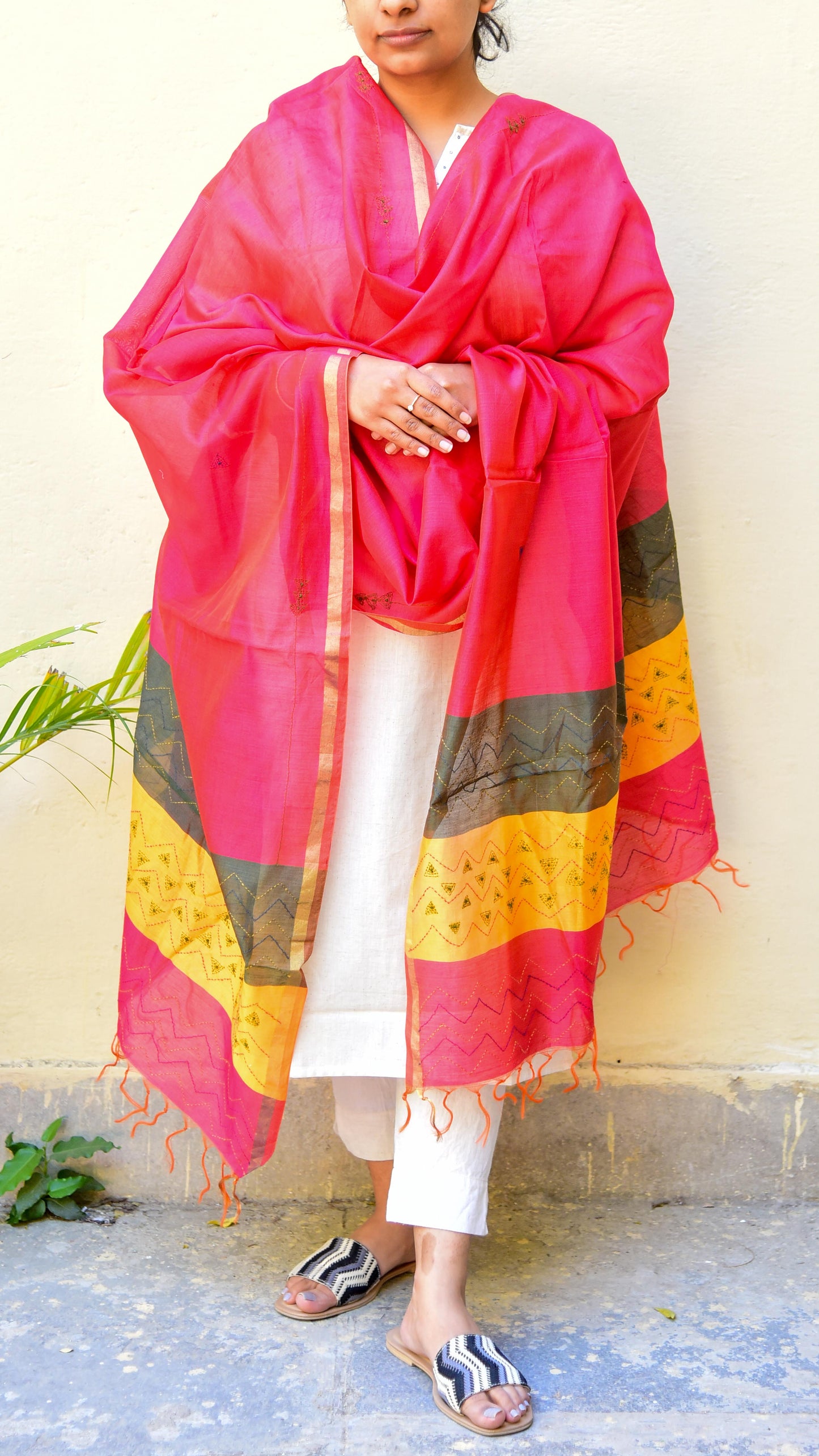 Pink Tanka Embroidery Chanderi Dupatta