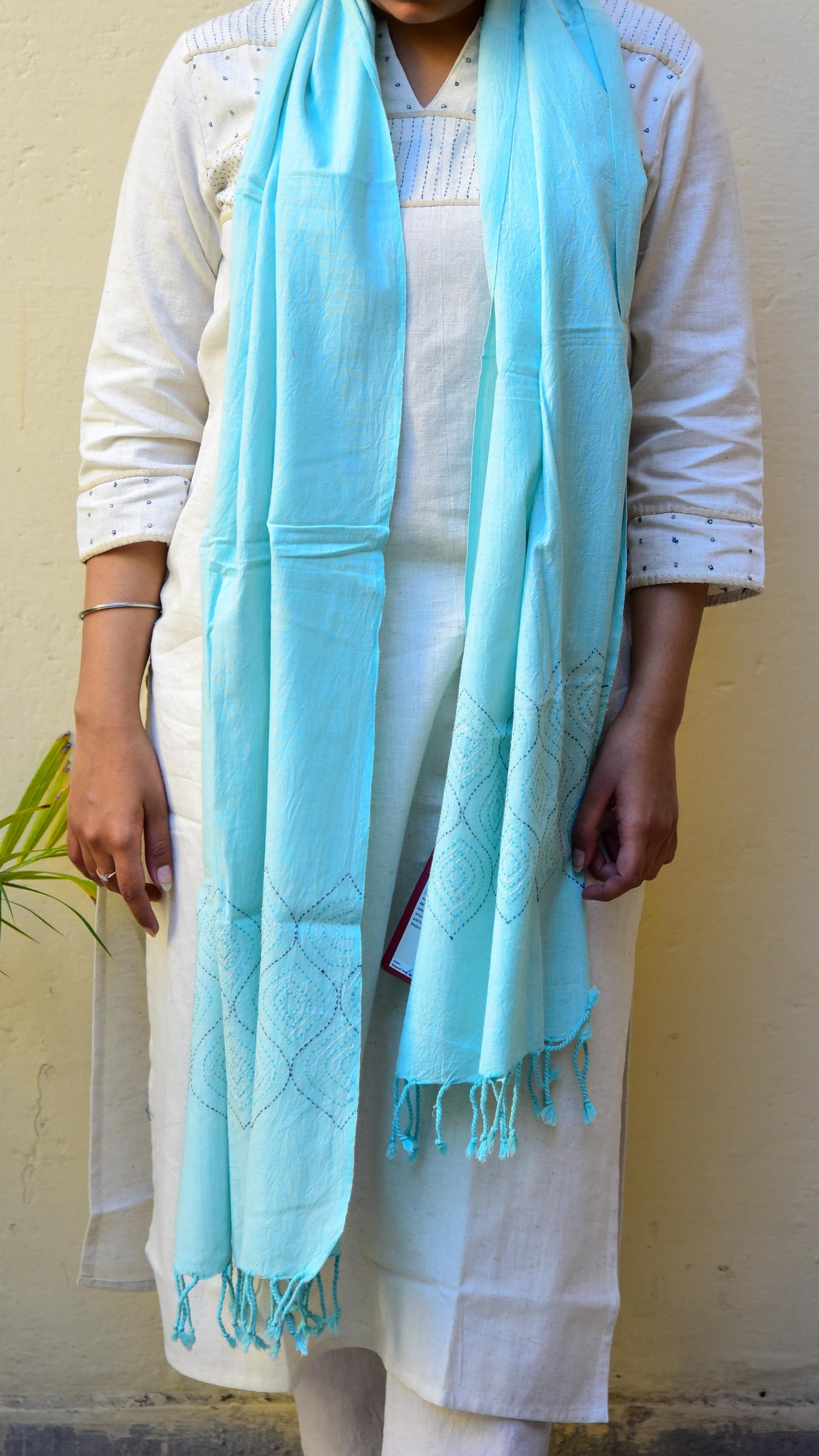 Pastel Cotton Stole With Tanka Embroidery