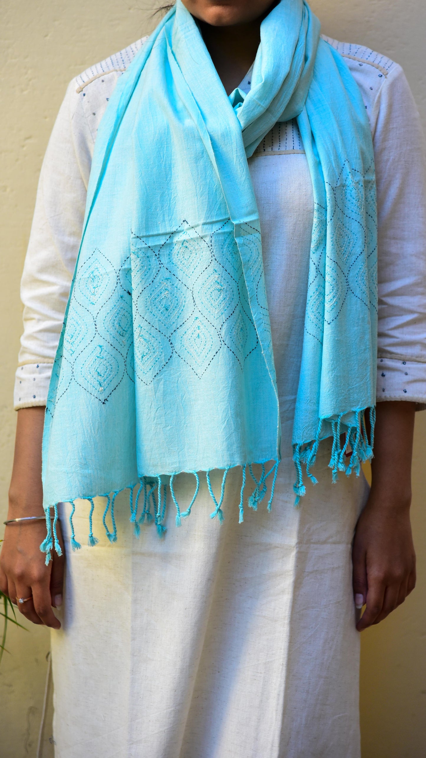 Pastel Cotton Stole With Tanka Embroidery