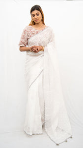 White Hand Block Printed Saree With Grey Applique Border